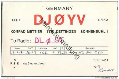 QSL - QTH - Funkkarte - DJ0YV - Dettingen - 1971
