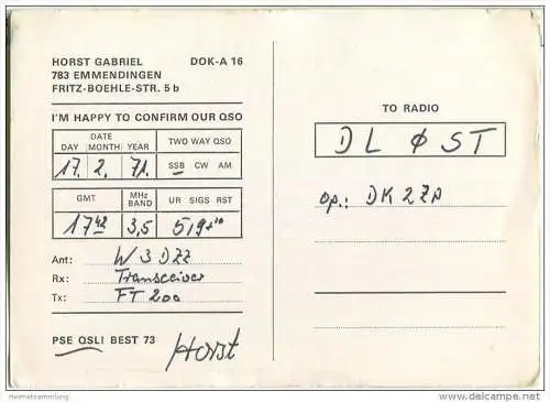 QSL - QTH - Funkkarte - DK2WK - Emmendingen - 1971