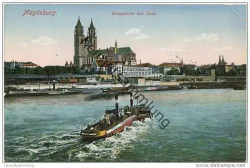 Magdeburg - Elbansicht mit Dom - Dampfer - Karte mit Perlmuttauflage - Verlag W. Klautzsch Magdeburg