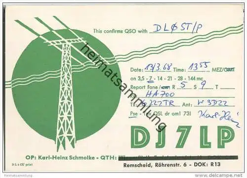 QSL - QTH - Funkkarte - DJ7LP - Remscheid - 1968