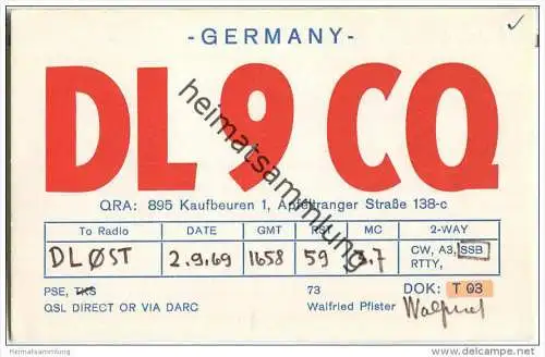 QSL - QTH - Funkkarte - DL9CQ - Kaufbeuren - 1969