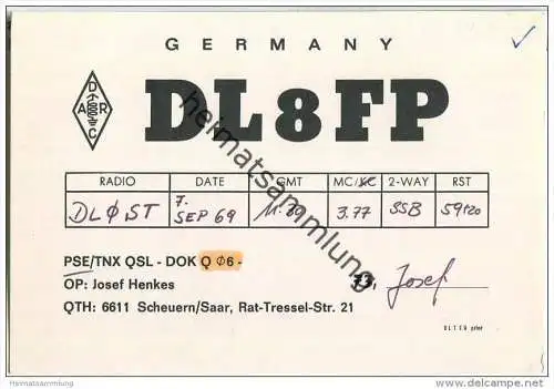 QSL - QTH - Funkkarte - DL8FP - Tholey - Scheuern (Saar) - 1969