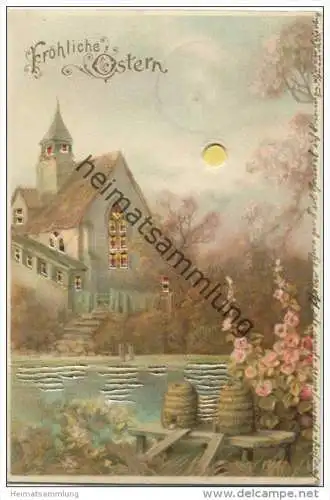 Fröhliche Ostern - Kirche - Bienenkörbe - Durchscheinkarte gel. 1902