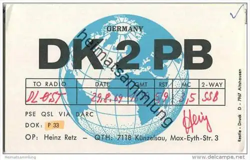 QSL - QTH - Funkkarte - DK2PB - Künzelsau - 1969