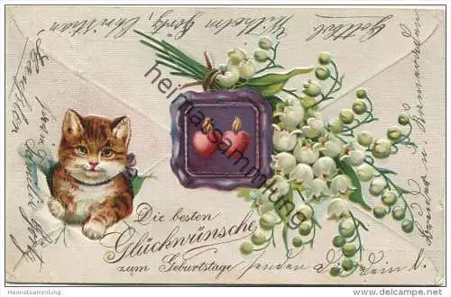 Geburtstag - Maiglöckchen - Katze - Prägedruck gel. 1909