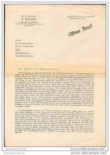 Offener Brief von Prof. Dr. med. et phil. K. Saller an den Bundespräsidenten Dr. Theodor Heuss - Faltblatt 13. August 19