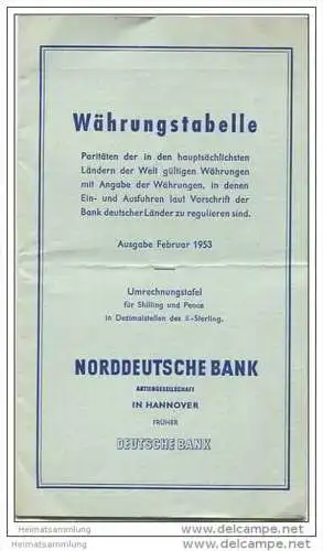 Norddeutsche Bank - früher Deutsche Bank - Währungstabelle Ausgabe 1953