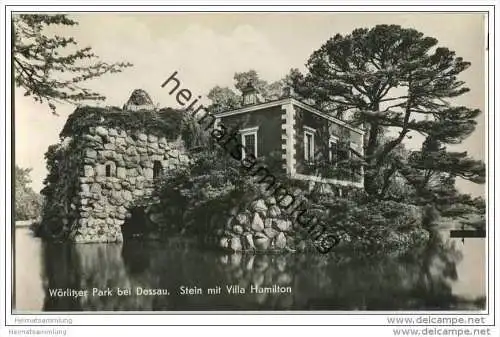 Wörlitzer Park - Stein mit Villa Hamilton - Foto-AK 50er Jahre