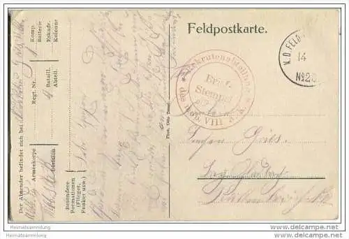 Laon - Deutscher Militärbahnhof - Briefstempel Rekrutenabteilung des mob. VIII A.-K. - Feldpost