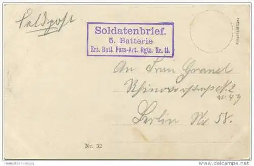 Hoffnung 1914 - Soldatenbrief 5. Batterie Ers. Batl. Fuss-Art. Rgts. Nr. 11 - Feldpost