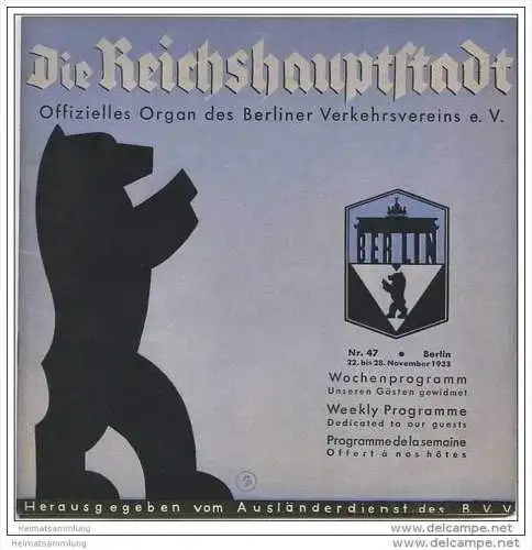 Die Reichshauptstadt 1938 - Offizielles Organ des Berliner Verkehrs-Vereins e.V. - Kino- Theater-Programm etc.