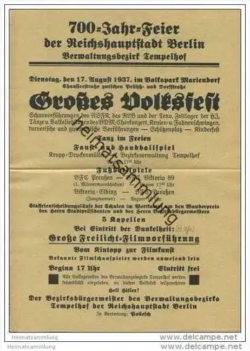 Flugblatt - Einladung zur 700 Jahr Feier der Reichshauptstadt Berlin - Verwaltungsbezirk Tempelhof - 17. August 1937