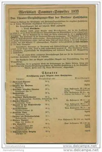 Merkblatt Sommer-Semester 1933 - Das Theatervergünstigungs-Amt der Berliner Hochschulen