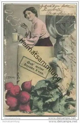 Fotocollage - Frau mit Bierkrug und Zigarette - Hab meine Freude dran - Frauenbewegung - sig. E. Ernst