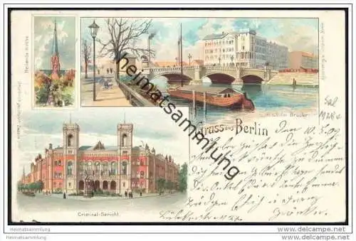 Gruss aus Berlin-Tiergarten - Moabiter Brücke - Heilands Kirche - Criminal Gericht - Stempel Berlin SW 12 1