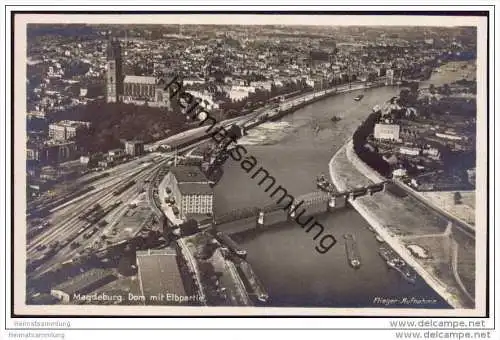 Magdeburg - Luftbild - Dom mit Elbpartie - Foto-AK 30er Jahre