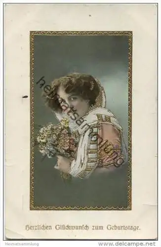 Frau mit Blumen - Goldprägedruck gel. 1911