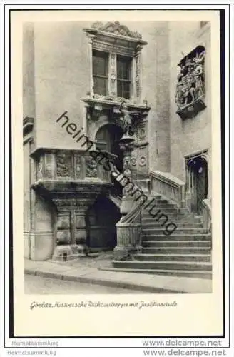 Görlitz - Historische Rathaustreppe mit Justitiasäule - Foto-AK 50er Jahre