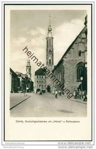 Görlitz - Dreifaltigkeitskirche mit Mönch und Rathausturm - Foto-AK 50er Jahre