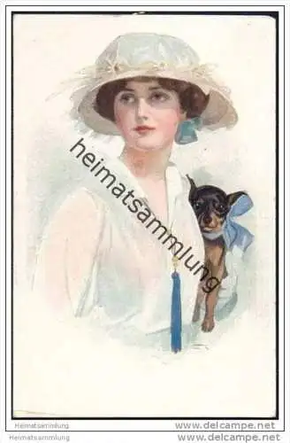 Frau mit Hut und kleinem Hund - Künstlerpostkarte