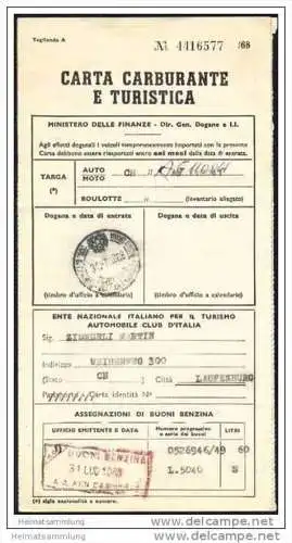 Carta Carburante e Turistica - Tankkarte für Italien 1968