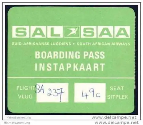 Boarding Pass - SAL-SAA Suid Afrikaanse Lugdiens - South African Airways