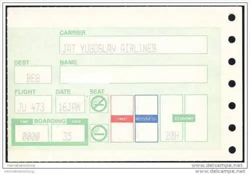 Boarding Pass - JAT Yugoslav Airlines