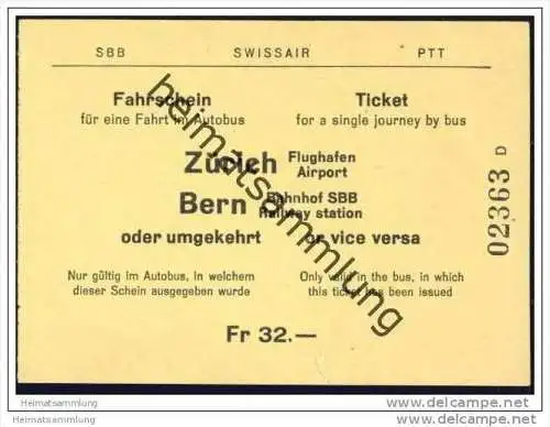Schweiz - SBB Swissair PTT - Fahrschein für eine Fahrt im Autobus Zürich Flughafen - Bern Bahnhof SBB oder umgekehrt