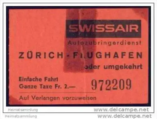 Swissair - Autozubringerdienst Zürich Flughafen oder umgekehrt - Klebestelle