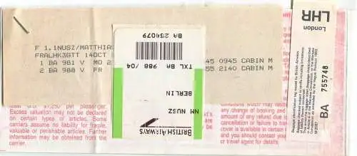 British Airways 1992 - Berlin London Berlin
