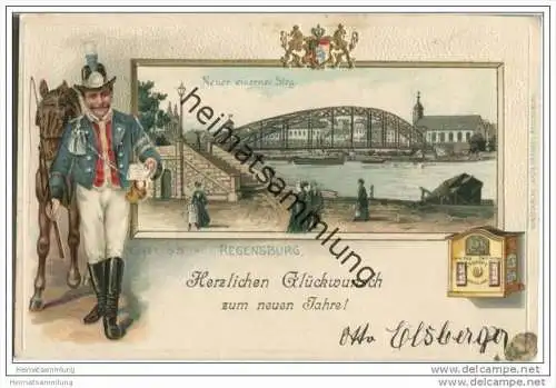 Regensburg - Neuer eiserner Steg - Neujahrskarte - Briefkasten - Prägedruck