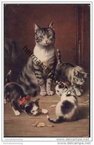 Katzenmama mit Jungen - Künstlerkarte C. Reichert