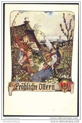 Fröhliche Ostern - Kinder - Störche - Künstlerkarte - Deutscher Schulverein Karte Nr. 21