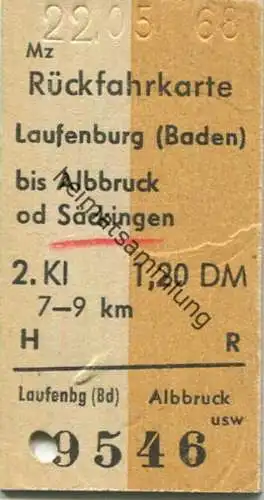Deutschland - Rückfahrkarte - Laufenburg (Baden) bis Albbruck oder Säckingen - Fahrkarte 1968