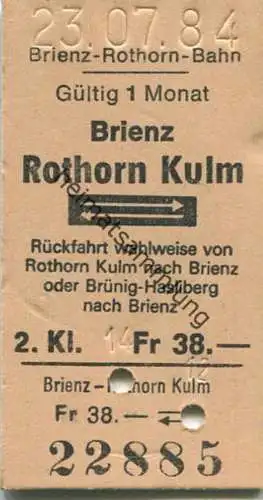 Schweiz - Brienz-Rothorn-Bahn - Brienz Rothorn Kulm und zurück - Fahrkarte 1984