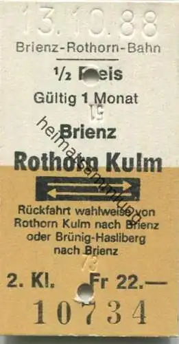 Schweiz - Brienz-Rothorn-Bahn - Brienz Rothorn Kulm und zurück - Fahrkarte 1/2 Preis 1988