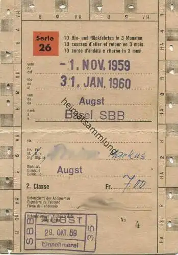 Schweiz - Schüler- und Lehrlingsabonnement Serie 26 10 Hin- und Rückfahrten in 3 Monaten - Augst Basel SBB 1959