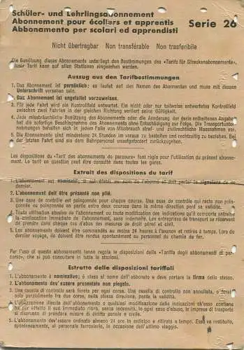 Schweiz - Schüler- und Lehrlingsabonnement Serie 26 10 Hin- und Rückfahrten in 3 Monaten - Augst Basel SBB 1959