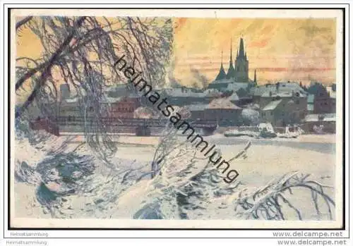 Louny - Laun - Zimni jitro v parku - Künstlerkarte signiert Jar. Setelik