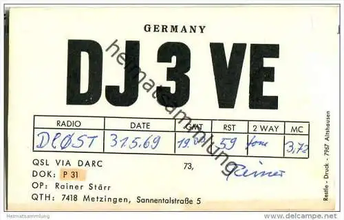 QSL - QTH - Funkkarte - DJ3VE - Metzingen - 1969