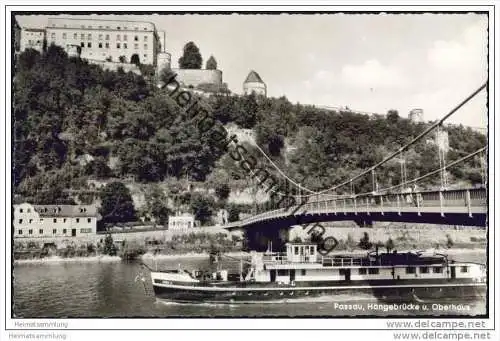 Passau - Hängebrücke und Oberhaus - Binnenschiff Hohenau - Foto-AK