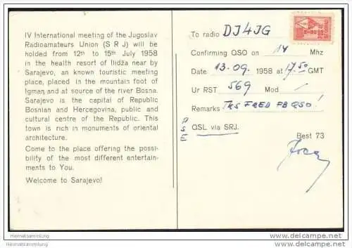 Bosnien und Herzegowina - Sarajevo - QSL- Funkkarte - YU4LW - IV. International Meeting SRJ July 1958