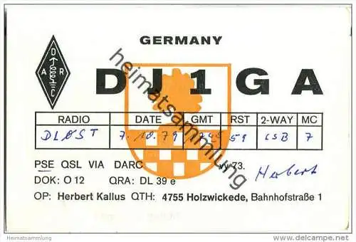 QSL - QTH - Funkkarte - DJ1GA - Holzwickede - 1979
