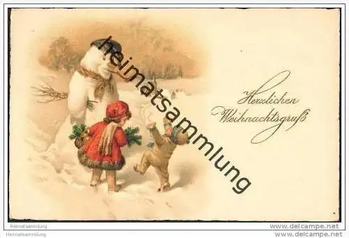 Weihnachten - Künstlerkarte - Kinder tanzen um den Schneemann