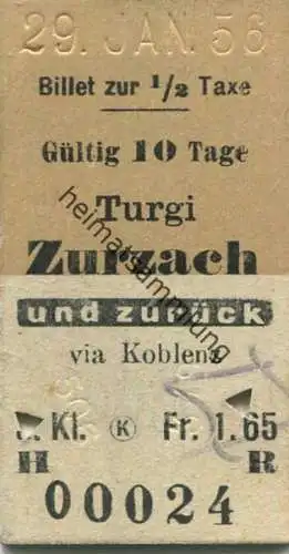 Schweiz - Turgi Zurzach und zurück via Koblenz - Fahrkarte 1/2 Taxe 1956