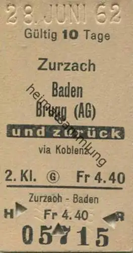 Schweiz - Zurzach - Baden Brugg (AG) und zurück via Koblenz - Fahrkarte 1962