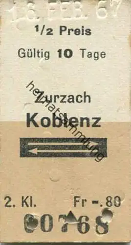 Schweiz - Zurzach - Koblenz und zurück - Fahrkarte 1/2 Preis 1967