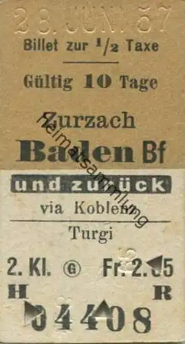Schweiz - Zurzach - Baden Bf und zurück via Koblenz Turgi - Fahrkarte 1/2 Taxe 1959