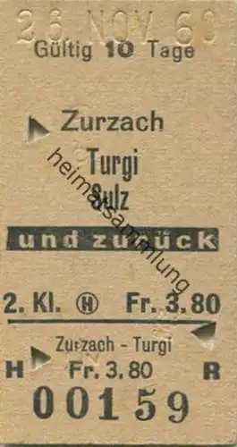 Schweiz - Zurzach - Turgi Sulz und zurück - Fahrkarte 1960