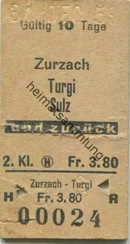 Schweiz - Zurzach - Turgi Sulz und zurück - Fahrkarte 1959